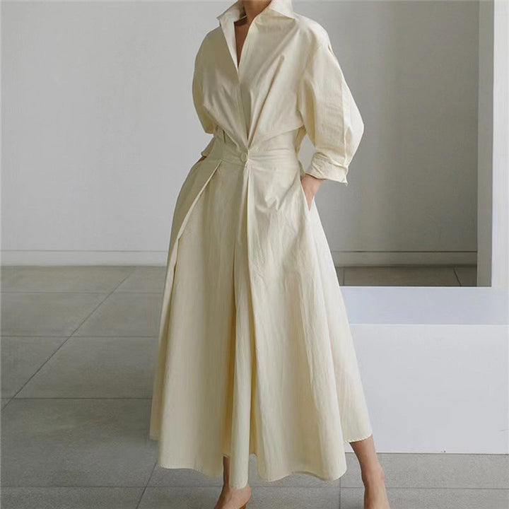 Women's Newspaper Print Collared Front-Wrap Flowy Maxi Dress - Apricot