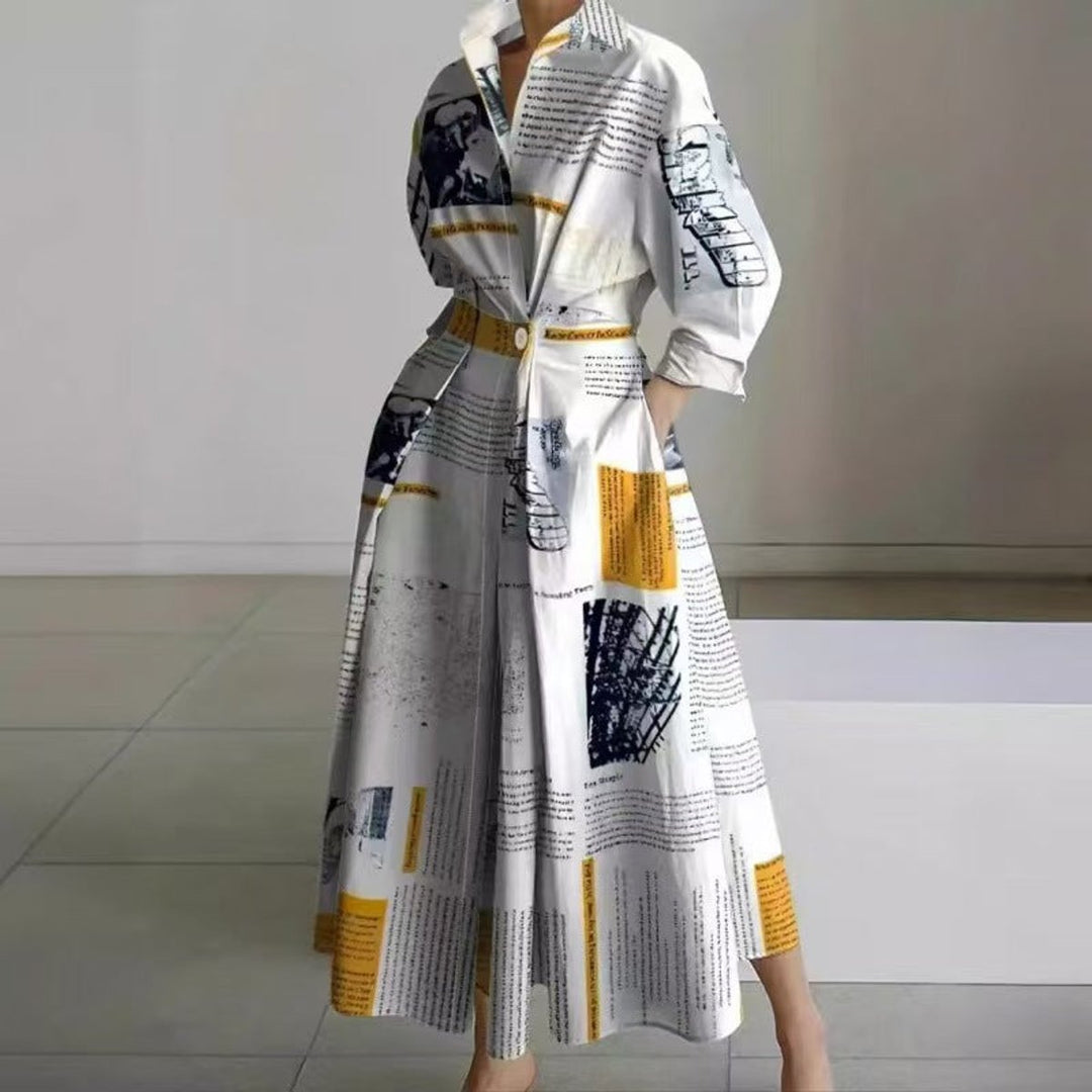 Women's Newspaper Print Collared Front-Wrap Flowy Maxi Dress - Yellow Newspaper Print