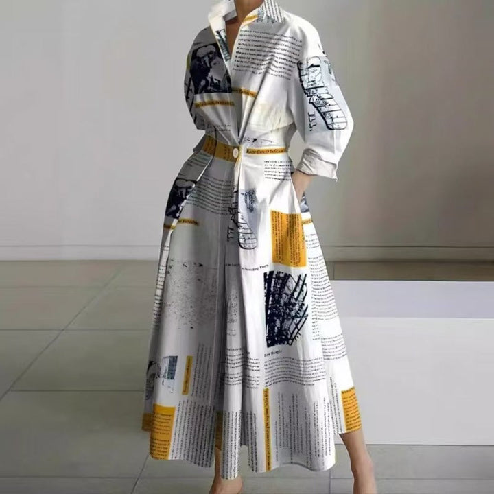 Women's Newspaper Print Collared Front-Wrap Flowy Maxi Dress - Yellow Newspaper Print