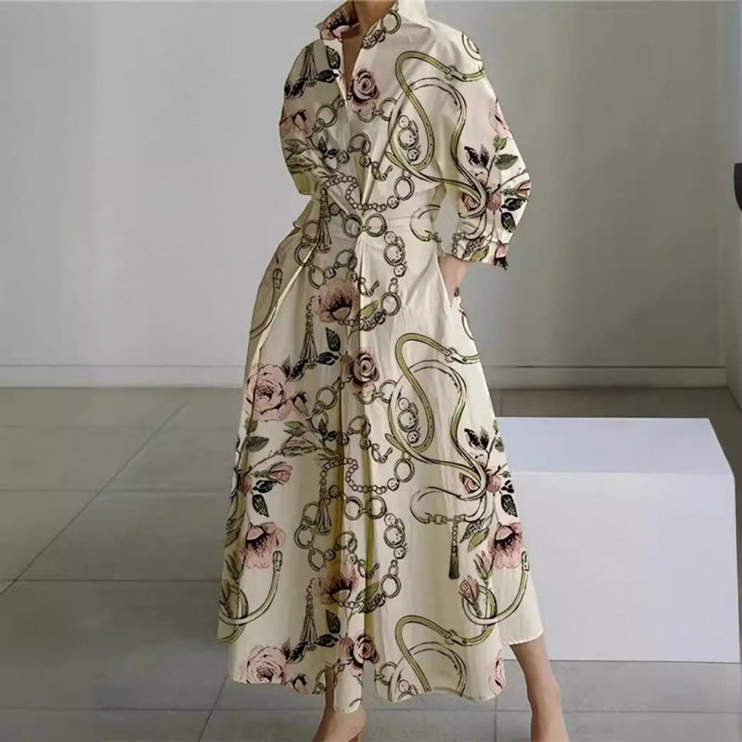 Women's Newspaper Print Collared Front-Wrap Flowy Maxi Dress