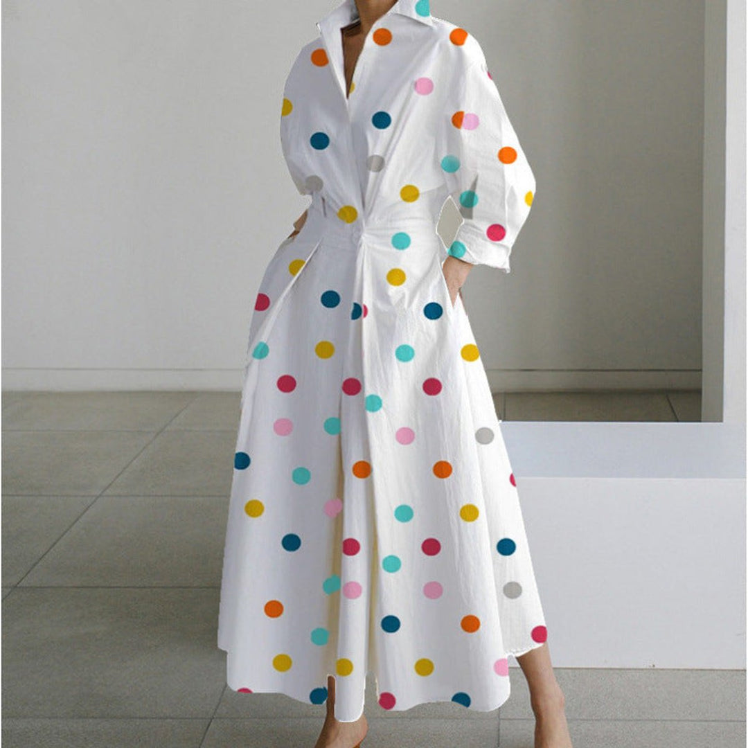 Women's Newspaper Print Collared Front-Wrap Flowy Maxi Dress - Rainbow Polka Dot