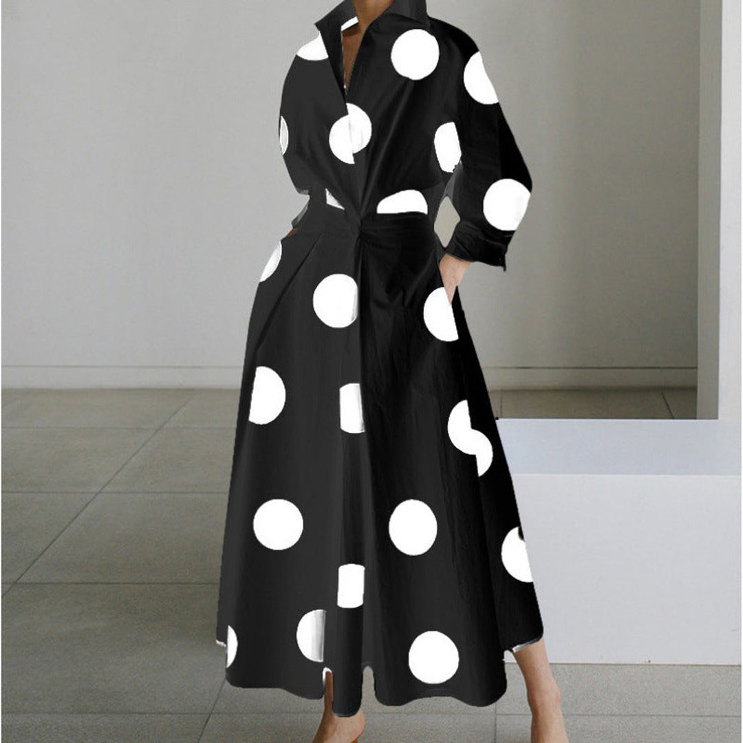 Women's Newspaper Print Collared Front-Wrap Flowy Maxi Dress - Black Polka Dot