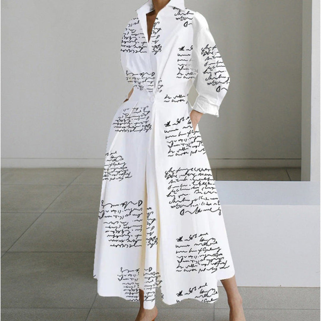 Women's Newspaper Print Collared Front-Wrap Flowy Maxi Dress - White Letter Print
