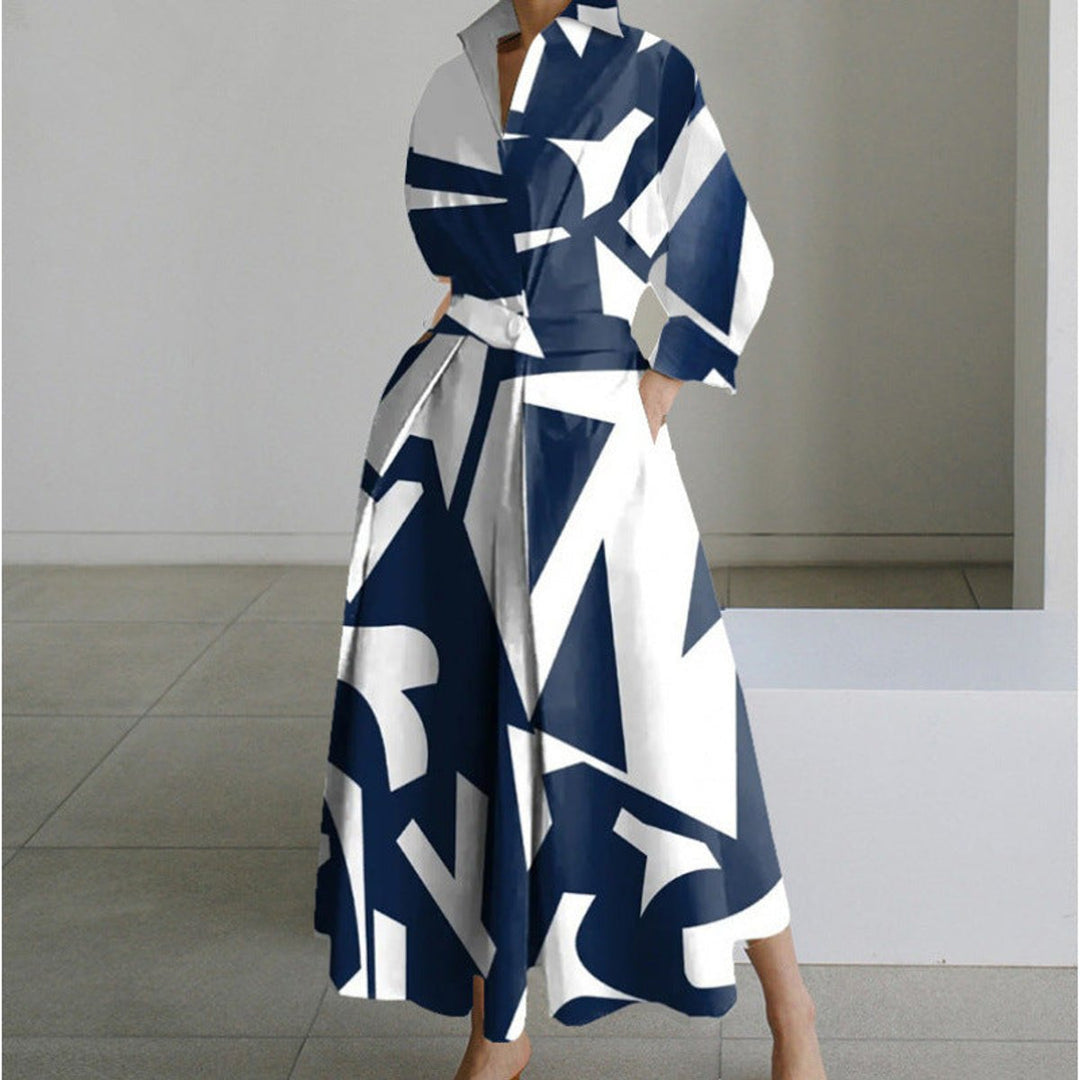 Women's Newspaper Print Collared Front-Wrap Flowy Maxi Dress - Blue Stripe