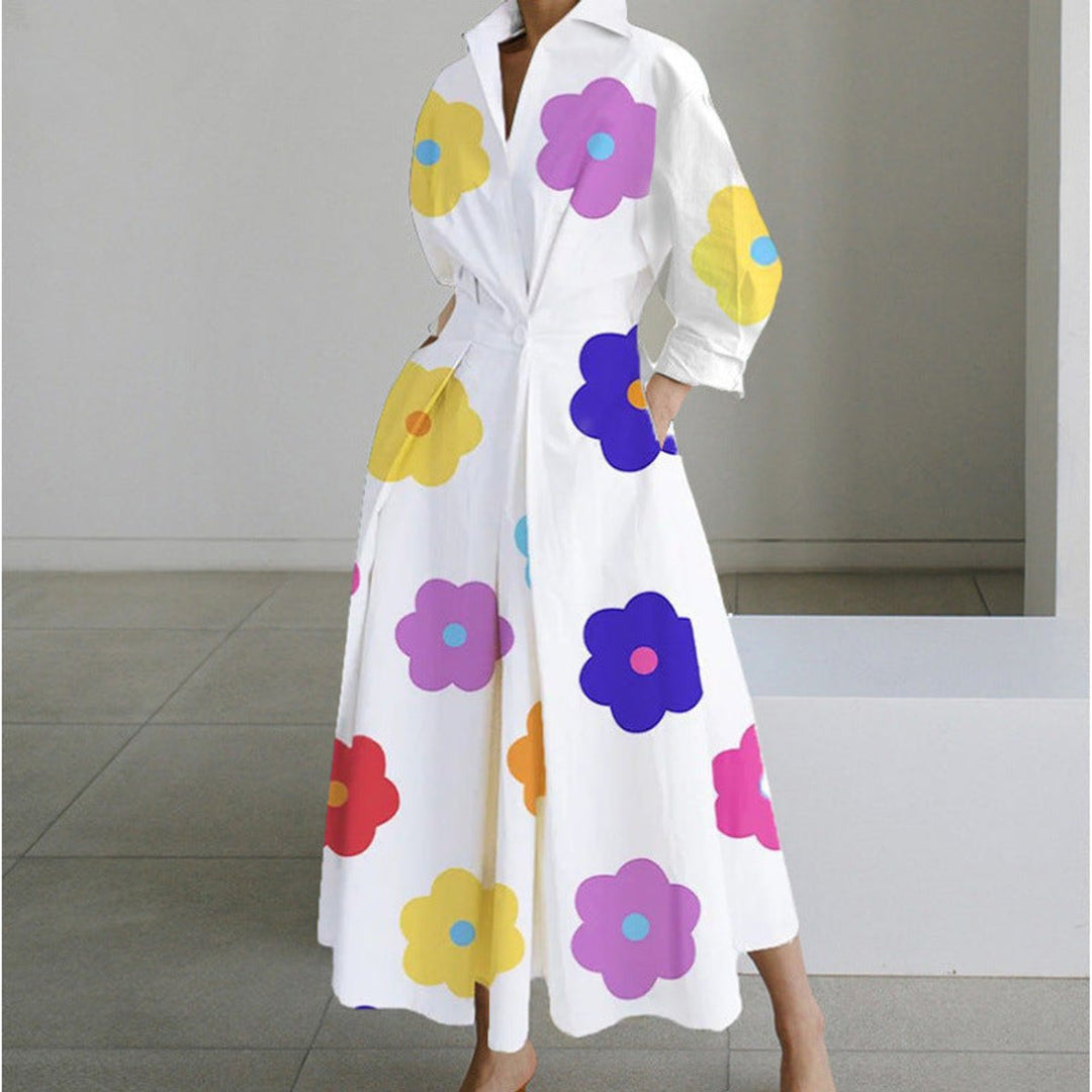 Women's Newspaper Print Collared Front-Wrap Flowy Maxi Dress - White Floral