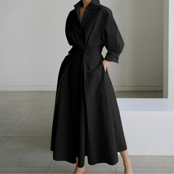 Women's Newspaper Print Collared Front-Wrap Flowy Maxi Dress - Black