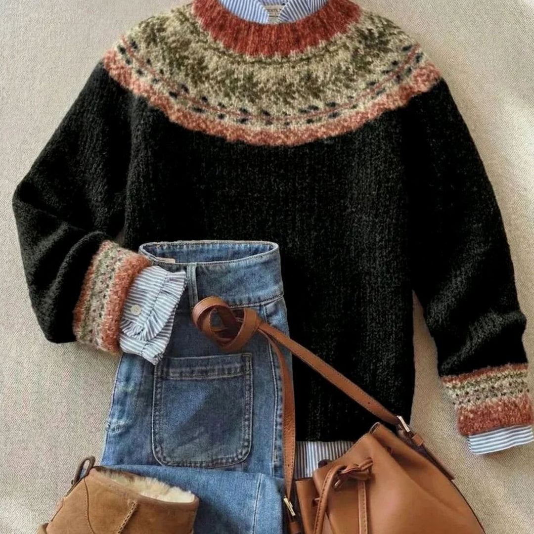 Women's Nordic-Pattern Knit Pullover Sweater - Black