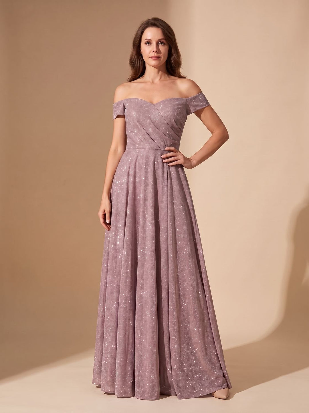Women's Off-Shoulder Glitter A-Line Formal Wedding Guest Gown - Light Pink