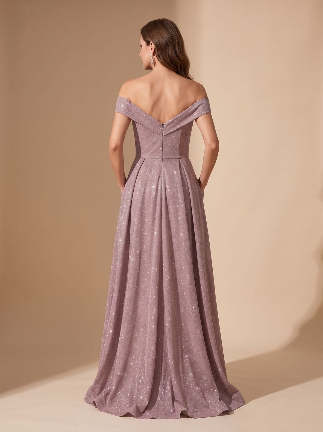 Women's Off-Shoulder Glitter A-Line Formal Wedding Guest Gown