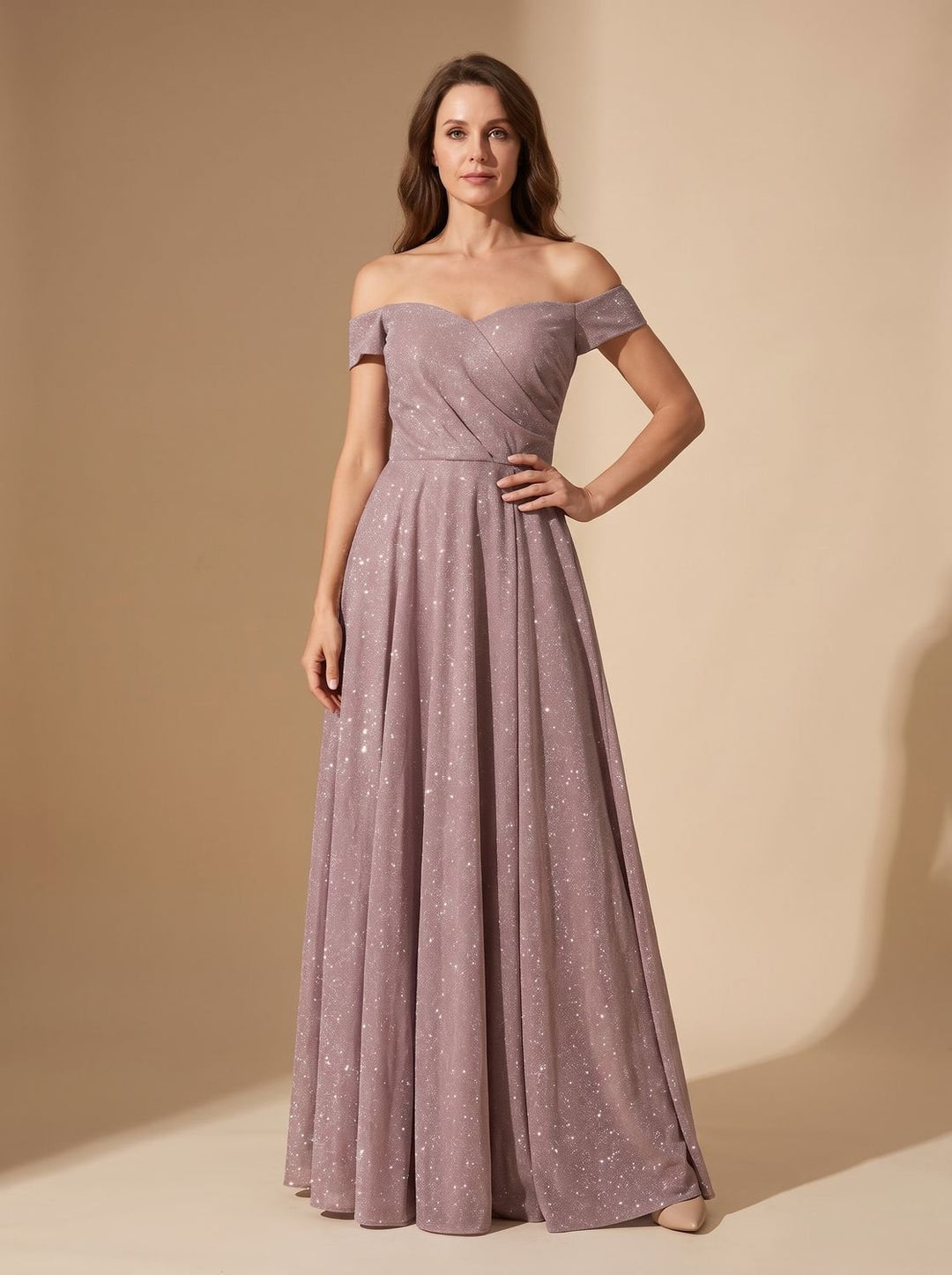 Women's Off-Shoulder Glitter A-Line Formal Wedding Guest Gown