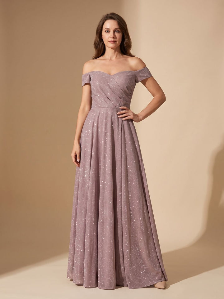Women's Off-Shoulder Glitter A-Line Formal Wedding Guest Gown