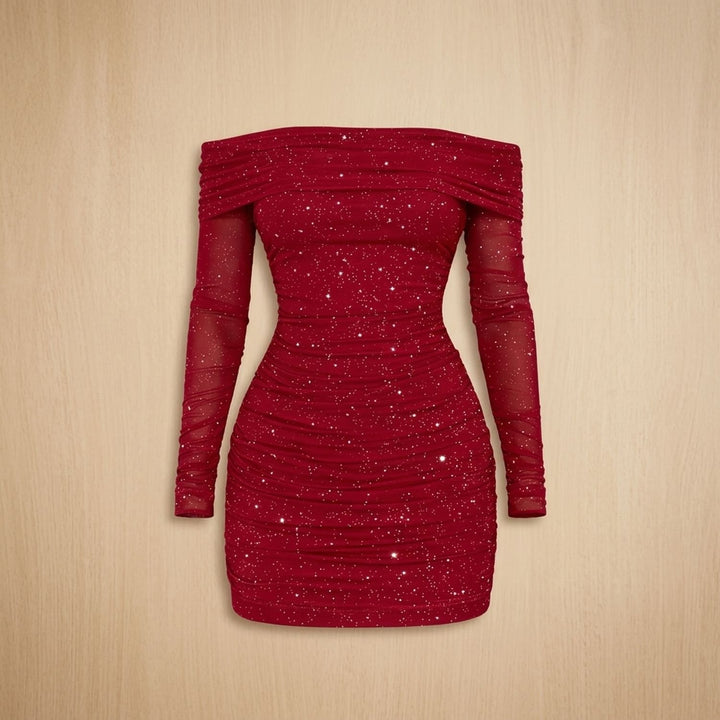 Women's Off-Shoulder Glitter Mesh Bodycon Sequin Dress - Wine Red