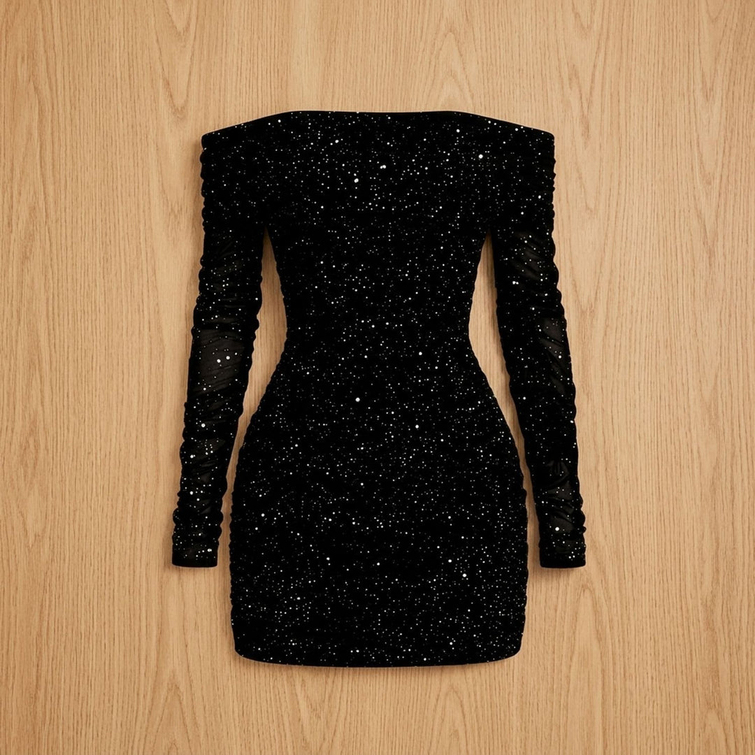 Women's Off-Shoulder Glitter Mesh Bodycon Sequin Dress - Black