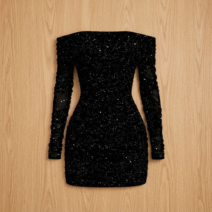 Women's Off-Shoulder Glitter Mesh Bodycon Sequin Dress - Black