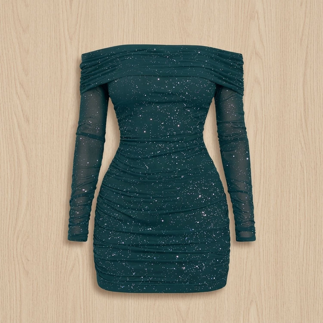 Women's Off-Shoulder Glitter Mesh Bodycon Sequin Dress - Emerald Green