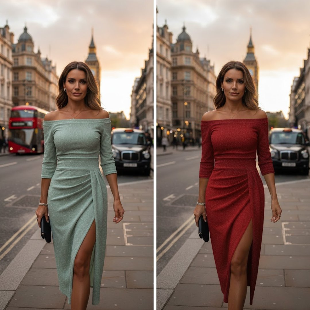 Women's Off-Shoulder Long-Sleeve Ruched Side-Slit Midi Dress