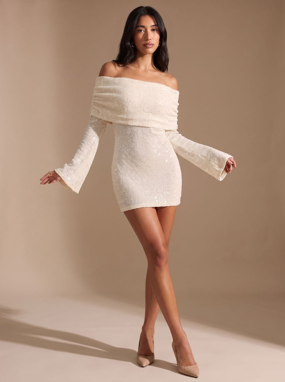 Women's Off-Shoulder Sequin Long-Sleeve Bodycon Mini Dress - White