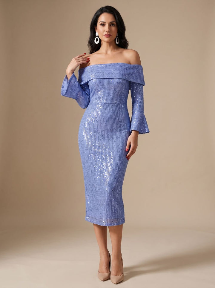 Women's Off-Shoulder Sequin Long-Sleeve Bodycon Mini Dress - Blue