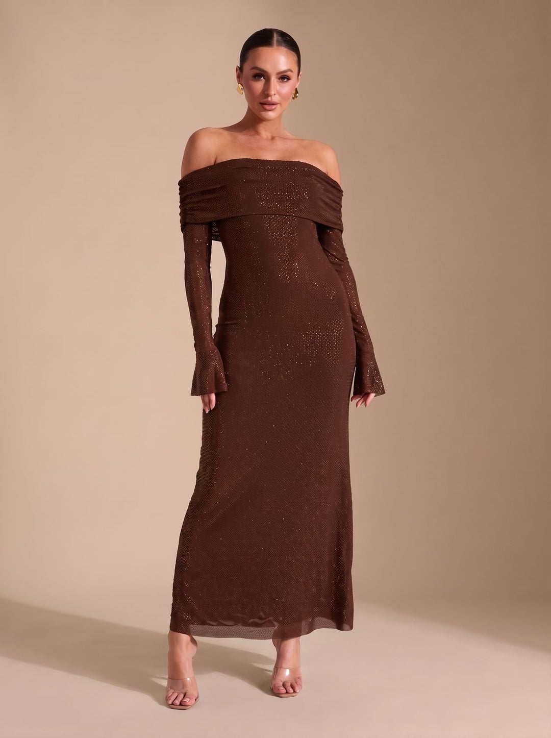 Women's Off-Shoulder Sequin Maxi Dress Long-Sleeve Fitted Gown