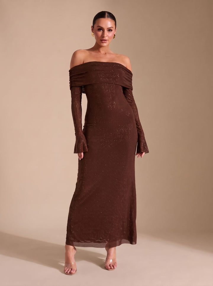 Women's Off-Shoulder Sequin Maxi Dress Long-Sleeve Fitted Gown