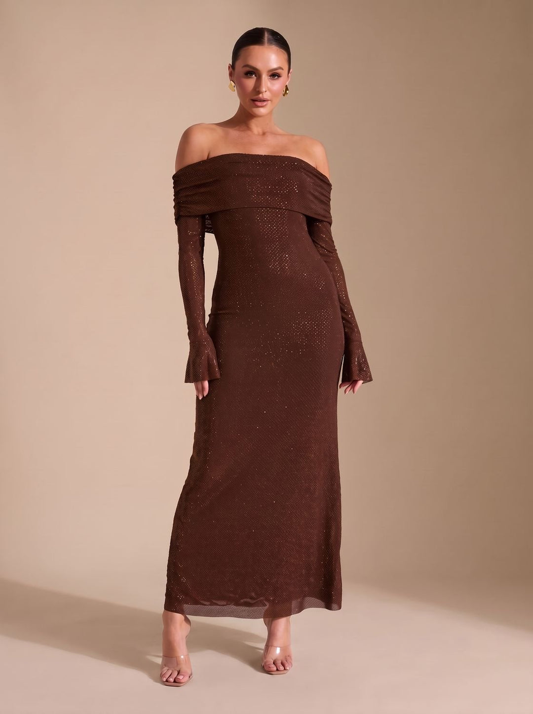 Women's Off-Shoulder Sequin Maxi Dress Long-Sleeve Fitted Gown