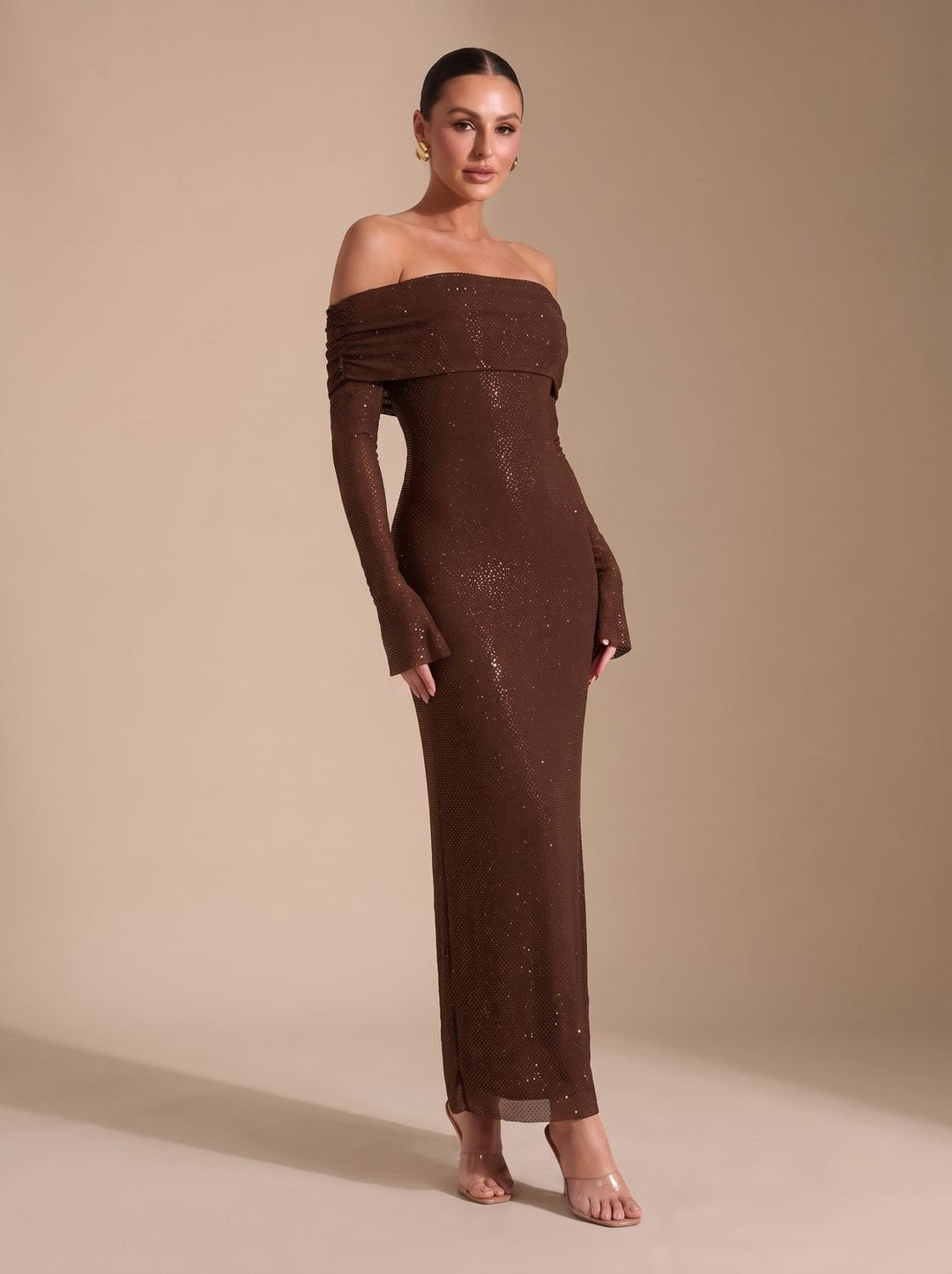 Women's Off-Shoulder Sequin Maxi Dress Long-Sleeve Fitted Gown