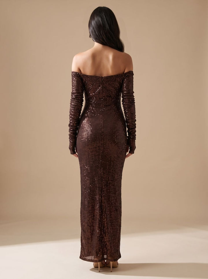 Women's Off-Shoulder Sequin Maxi Dress Long-Sleeve Fitted Gown