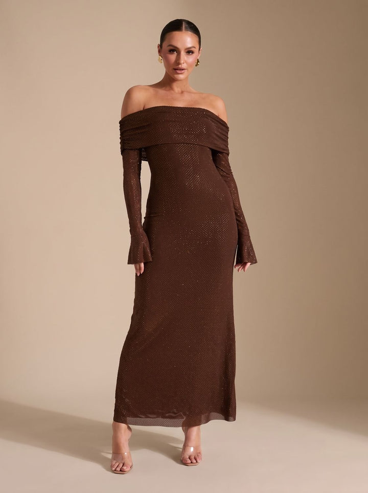 Women's Off-Shoulder Sequin Maxi Dress Long-Sleeve Fitted Gown