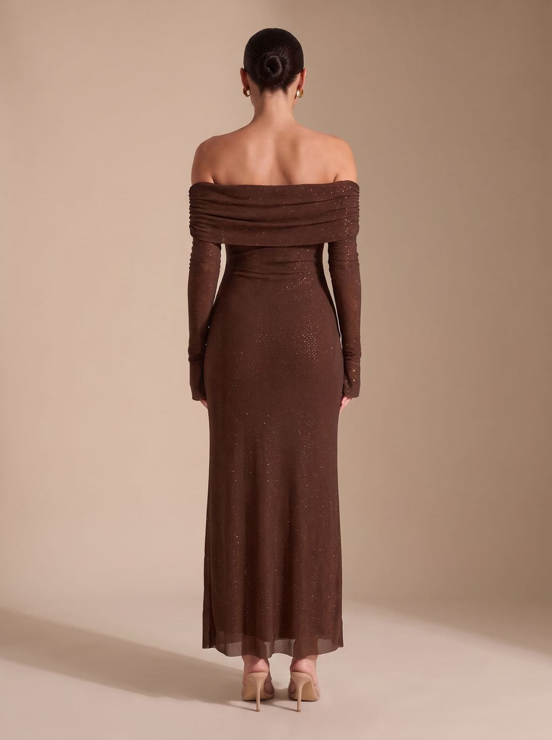Women's Off-Shoulder Sequin Maxi Dress Long-Sleeve Fitted Gown