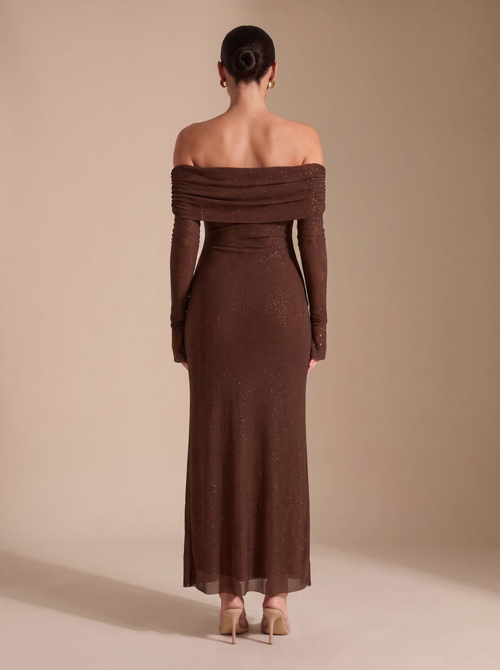 Women's Off-Shoulder Sequin Maxi Dress Long-Sleeve Fitted Gown