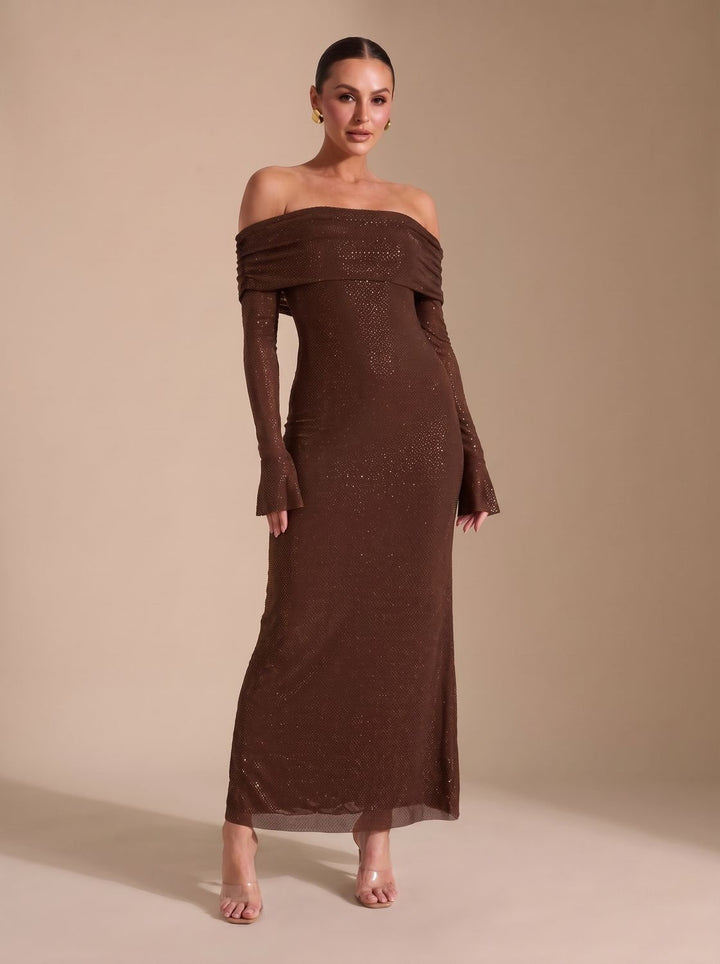 Women's Off-Shoulder Sequin Maxi Dress Long-Sleeve Fitted Gown