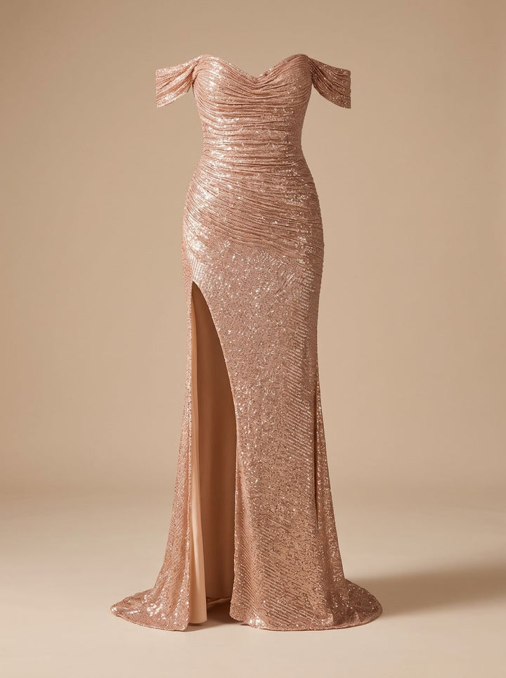 Women's Off-Shoulder Sequin Maxi Gown High-Slit Ruched Bodycon Dress - Champagne