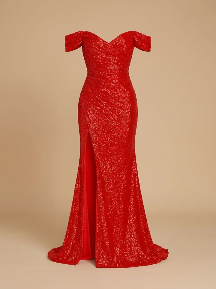 Women's Off-Shoulder Sequin Maxi Gown High-Slit Ruched Bodycon Dress - Red