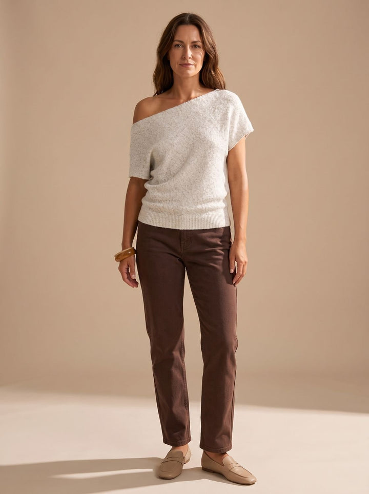 Women's Off-Shoulder Short-Sleeve Soft Knitwear Sweater - White