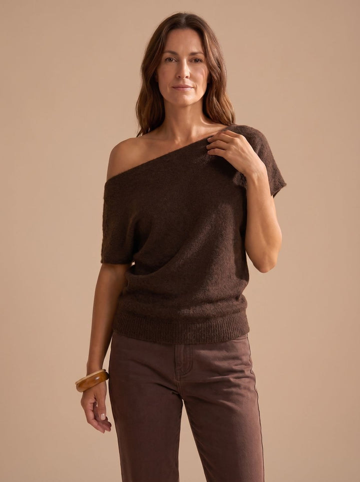 Women's Off-Shoulder Short-Sleeve Soft Knitwear Sweater - Brown