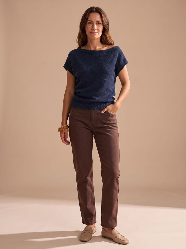 Women's Off-Shoulder Short-Sleeve Soft Knitwear Sweater - Navy Blue