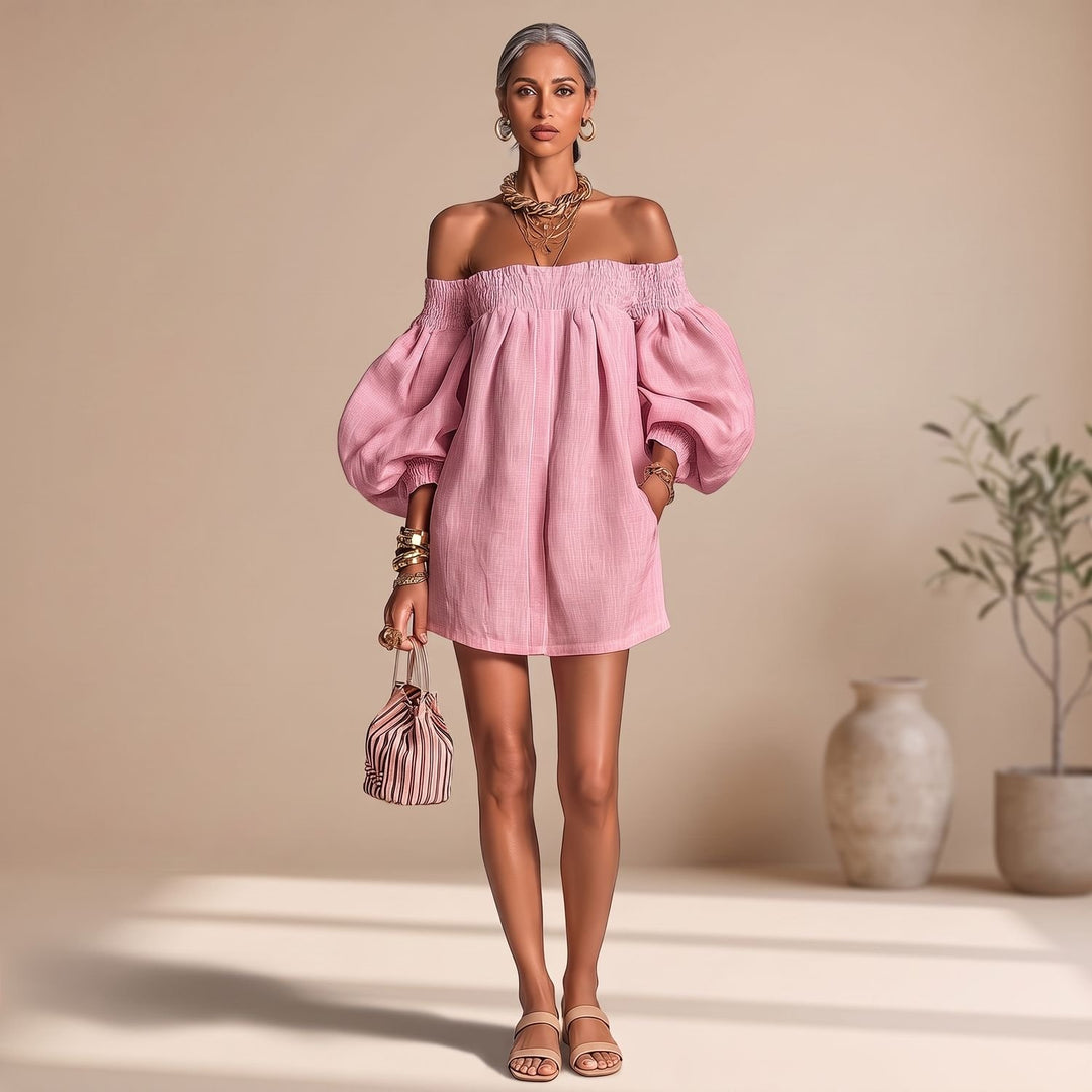 Women's Off the Shoulder Puff-Sleeve A-Line Mini Dress - Pink