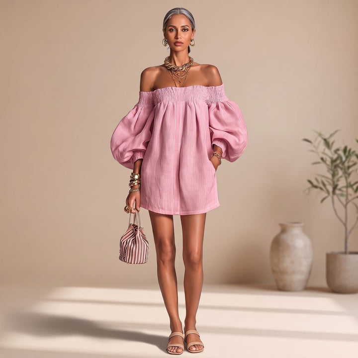 Women's Off the Shoulder Puff-Sleeve A-Line Mini Dress - Pink