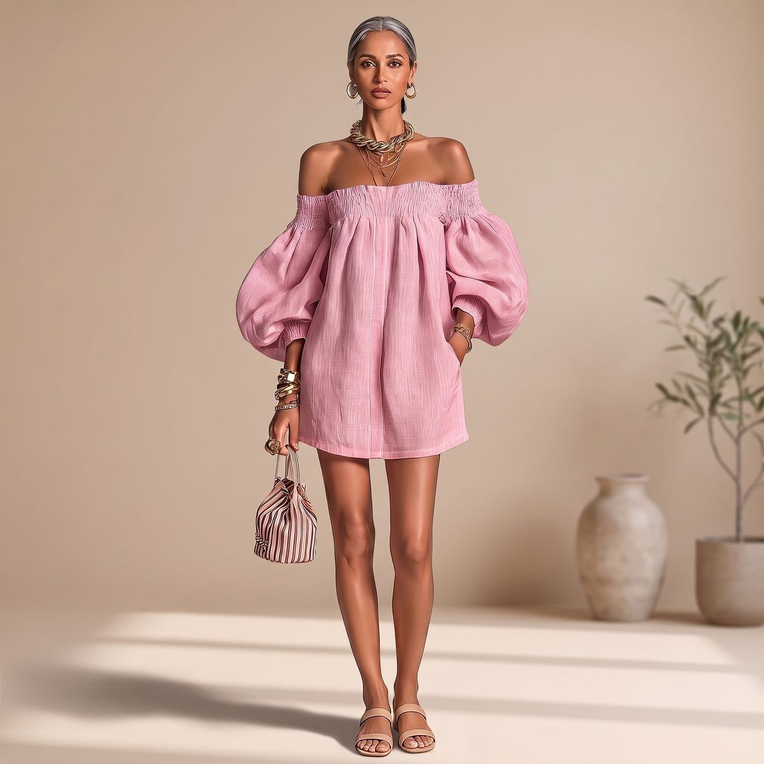 Women's Off the Shoulder Puff-Sleeve A-Line Mini Dress - Oatmeal