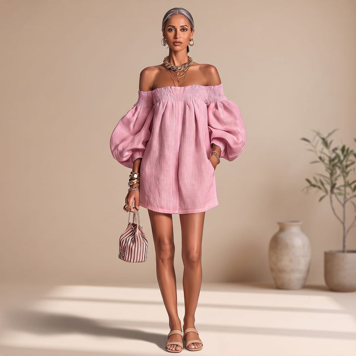 Women's Off the Shoulder Puff-Sleeve A-Line Mini Dress - Oatmeal