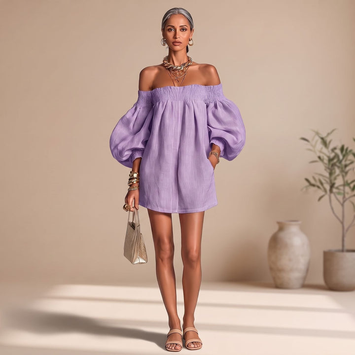 Women's Off the Shoulder Puff-Sleeve A-Line Mini Dress - Purple