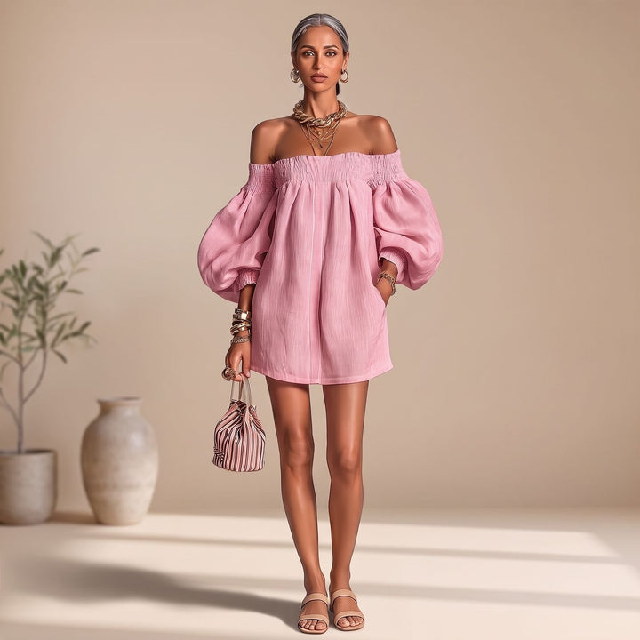 Women's Off the Shoulder Puff-Sleeve A-Line Mini Dress