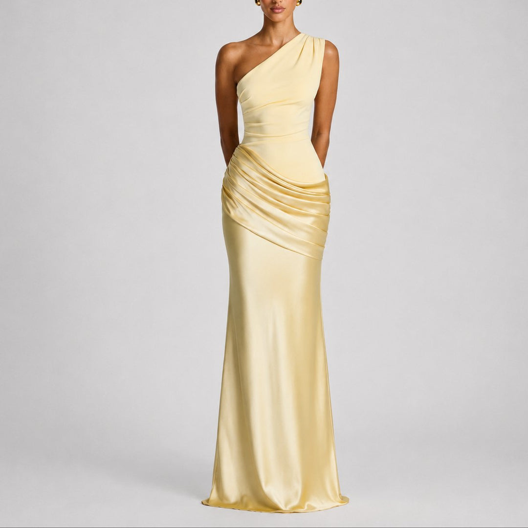 Women's One-Shoulder Draped Satin Maxi Fall Wedding Guest Dress - Yellow