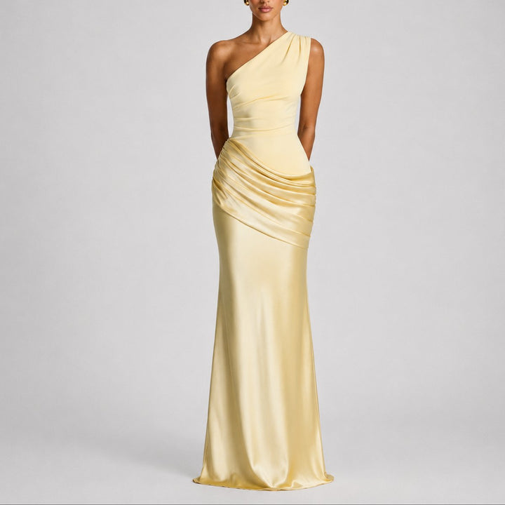 Women's One-Shoulder Draped Satin Maxi Fall Wedding Guest Dress - Yellow