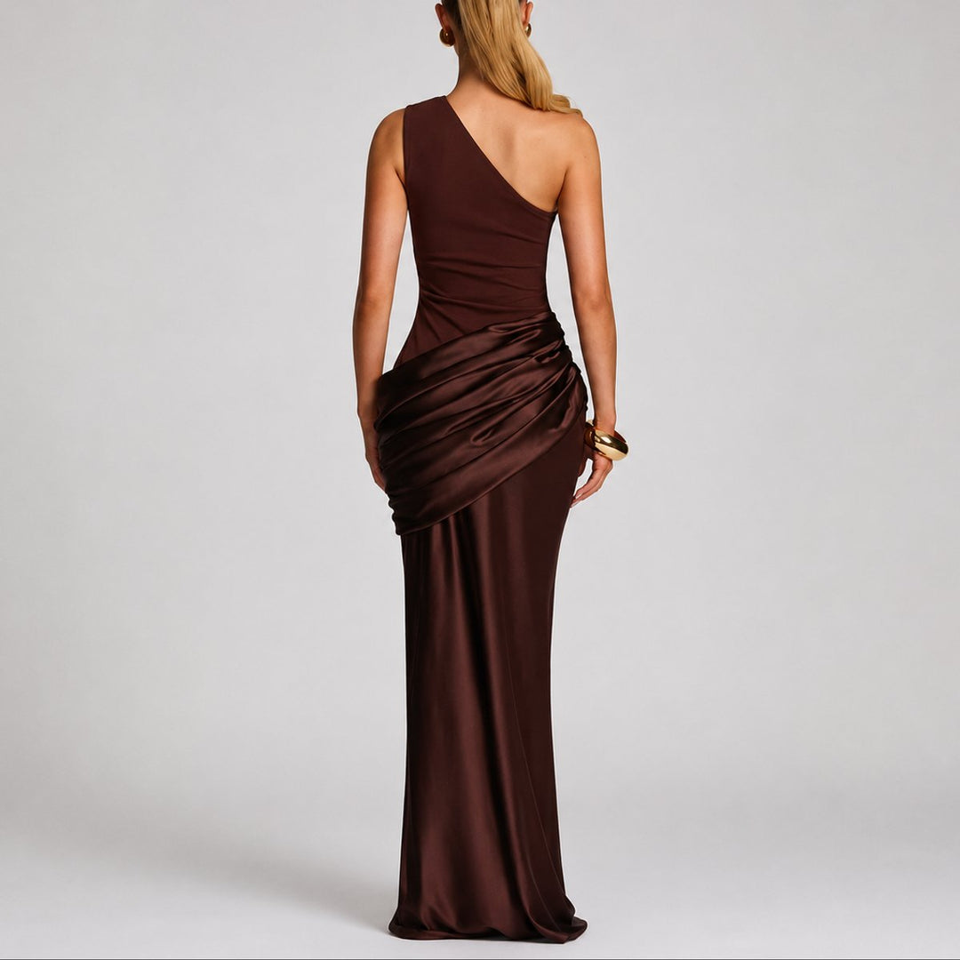 Women's One-Shoulder Draped Satin Maxi Fall Wedding Guest Dress