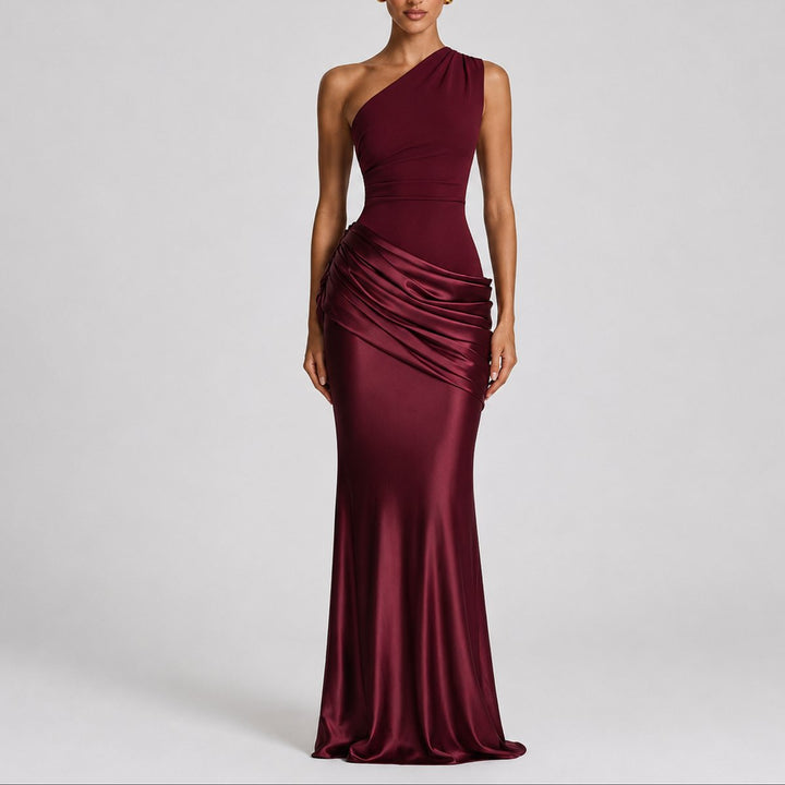 Women's One-Shoulder Draped Satin Maxi Fall Wedding Guest Dress - Red