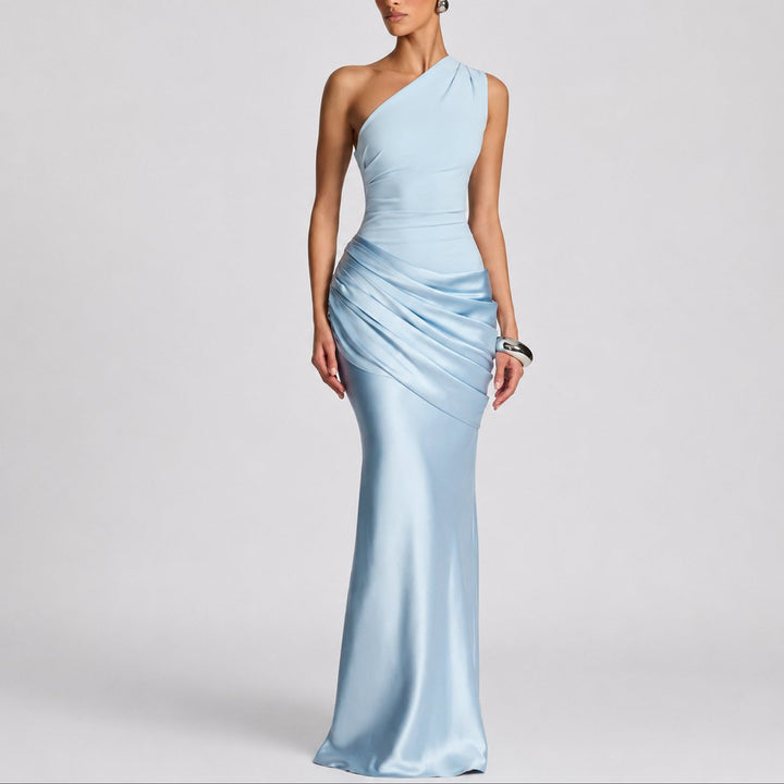 Women's One-Shoulder Draped Satin Maxi Fall Wedding Guest Dress - Light Blue