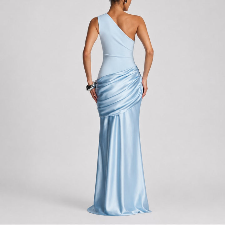 Women's One-Shoulder Draped Satin Maxi Fall Wedding Guest Dress