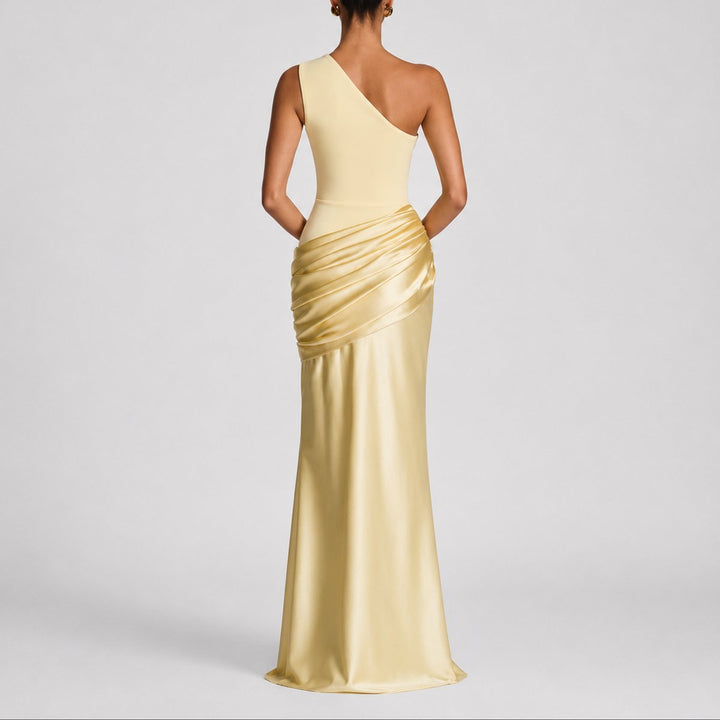 Women's One-Shoulder Draped Satin Maxi Fall Wedding Guest Dress