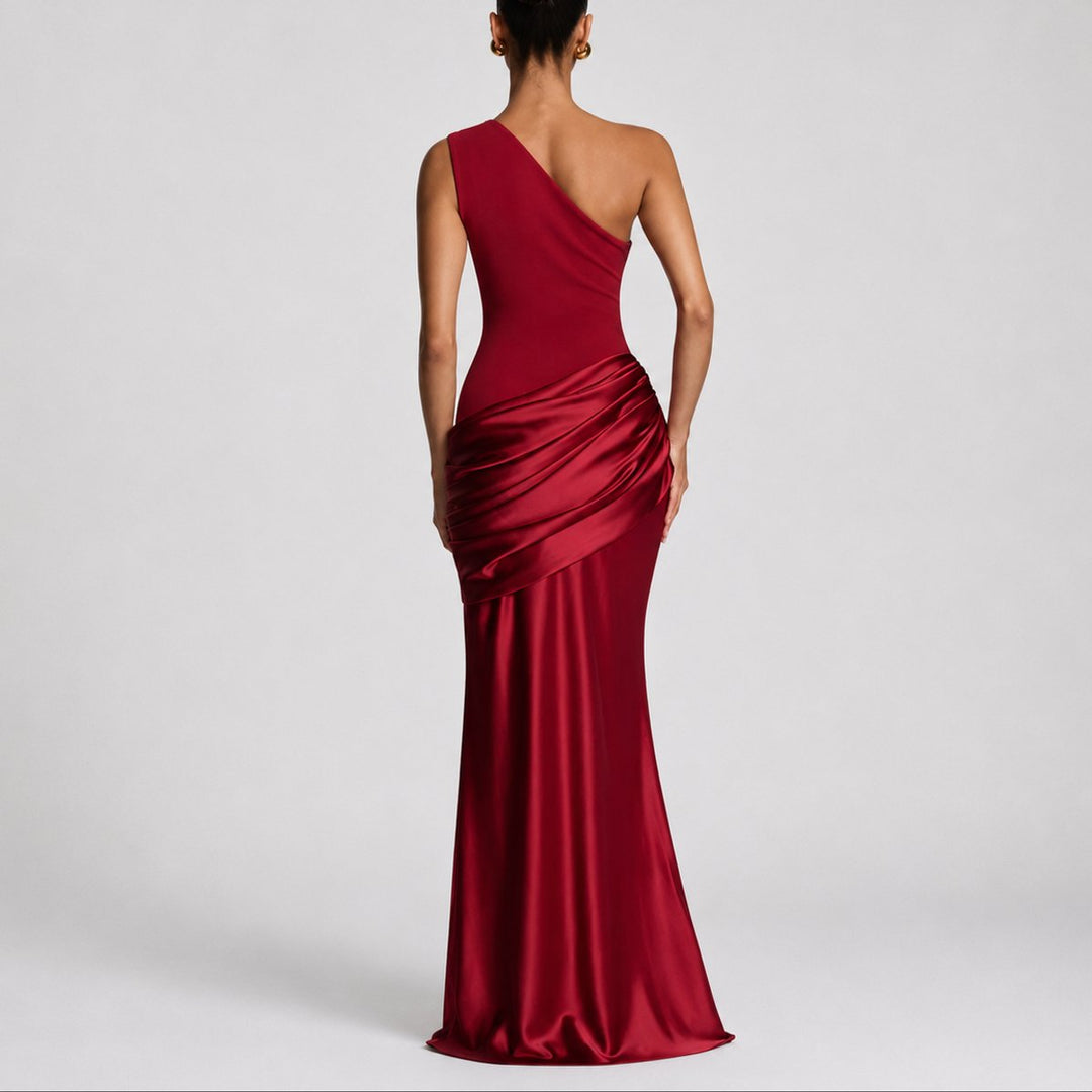 Women's One-Shoulder Draped Satin Maxi Fall Wedding Guest Dress
